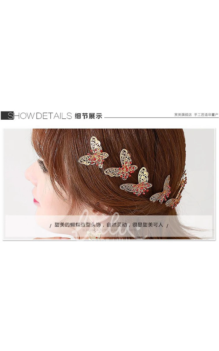 Chinese Cheongsam Wedding Hair Accessories Set with Red Hairpin U-Shaped Clip and Plate