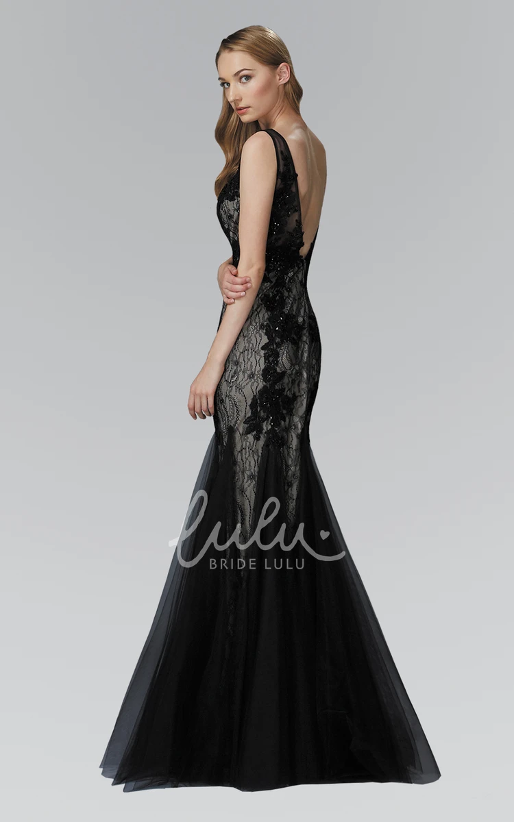 Lace Trumpet Formal Dress with Appliques and Deep-V Back