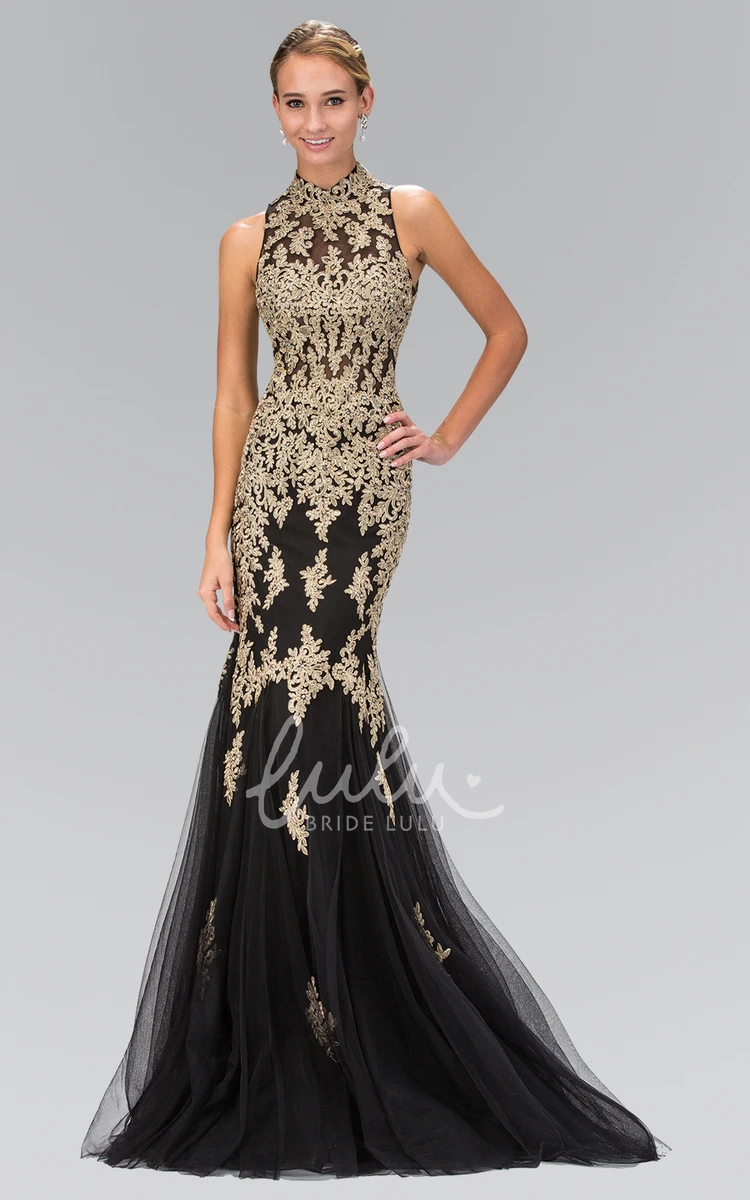 High Neck Sleeveless Mermaid Tulle Formal Dress with Appliques