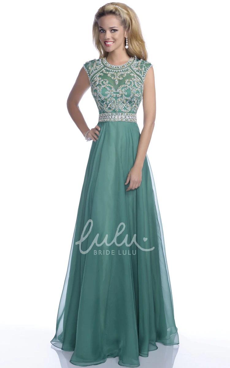 Chiffon A-Line Prom Dress with Cap Sleeves Crystal Bodice and Belt Elegant Bridesmaid Dress