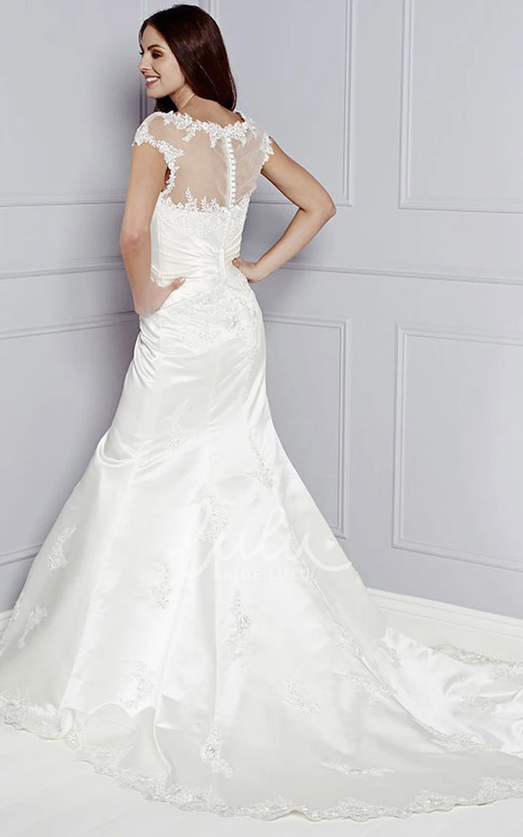 Cap-Sleeve Taffeta Wedding Dress Appliqued A-Line Bateau-Neck Design