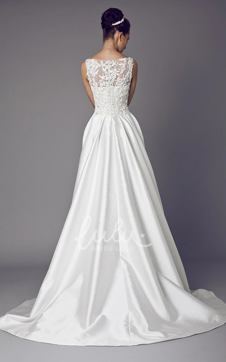 Satin Appliqued Long Bateau Wedding Dress with Illusion and Sweep Train Sophisticated Bridal Gown