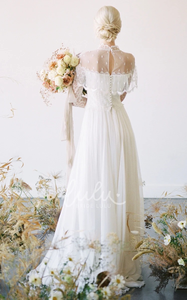 Long Sleeved A-Line Tulle Wedding Dress with High Neck Casual Wedding Dress