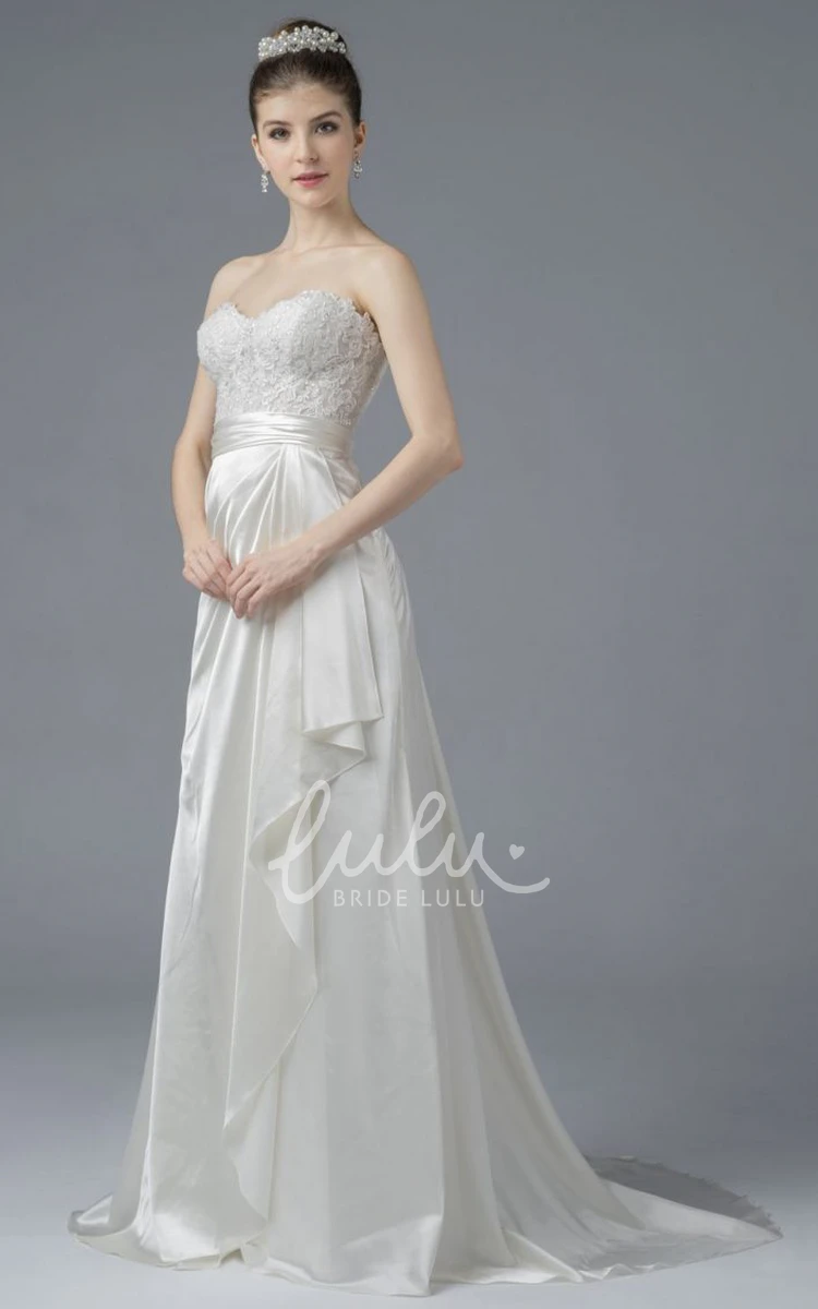 Draped Satin Sweetheart Gown with Lace Applique and Open Back Buttons