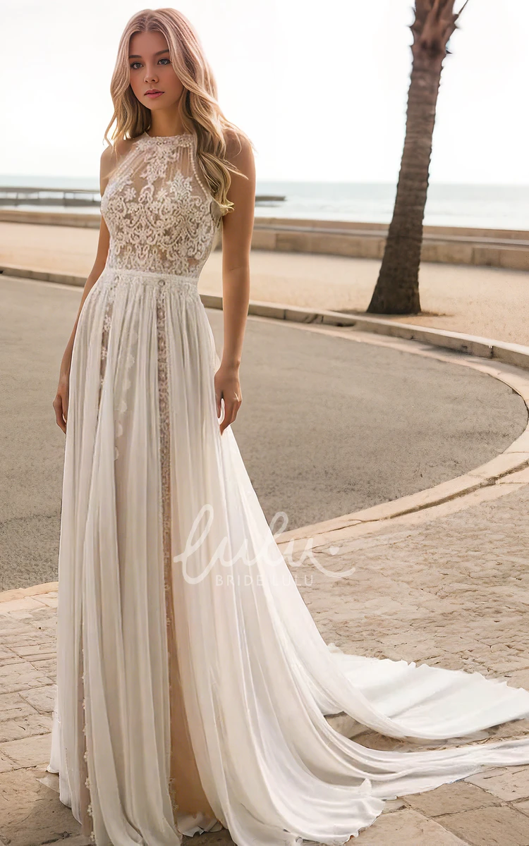 Beach Vintage Jewel Neck Bohemian Lace Sleeveless A-Line Ethereal Wedding Dress