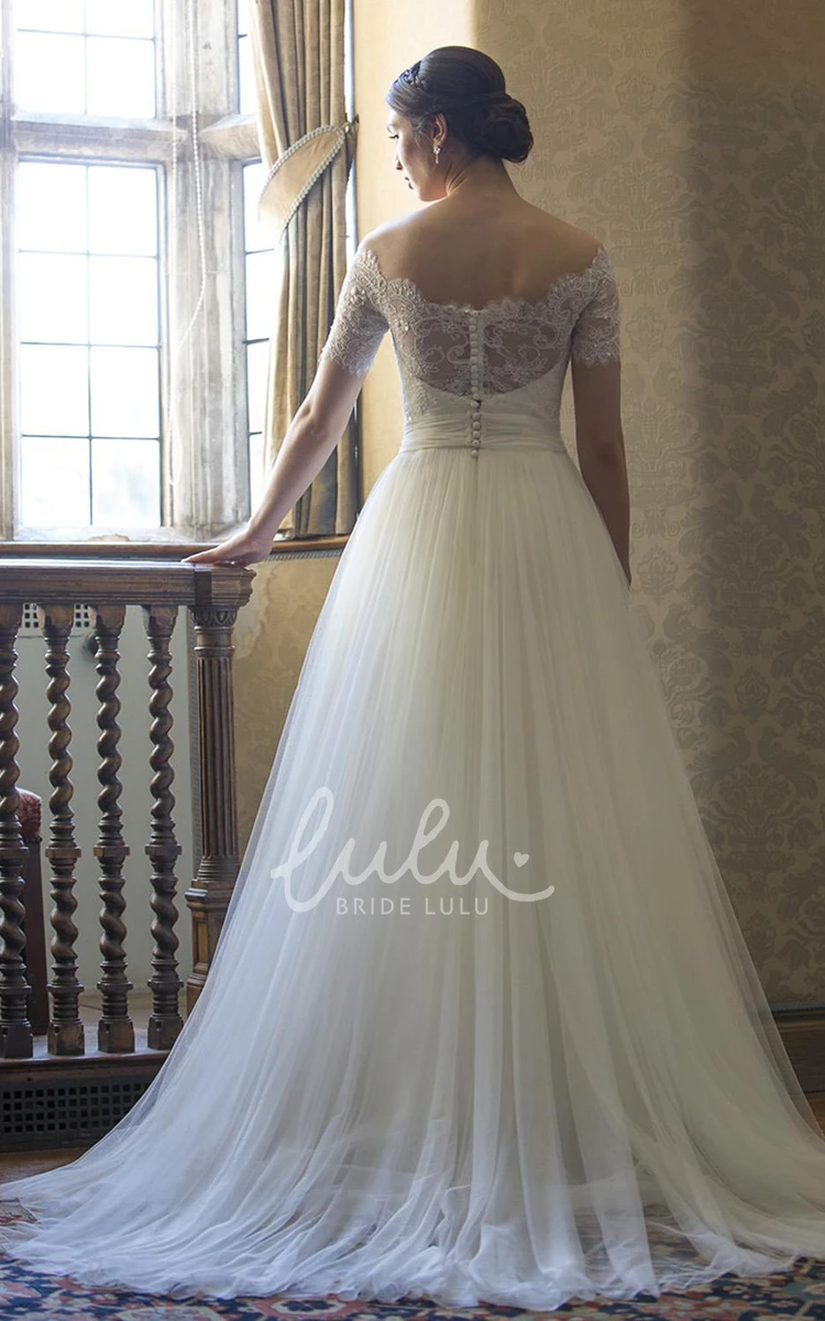 Illusion Beaded A-Line Wedding Dress Short-Sleeve Bateau-Neck Lace&Tulle