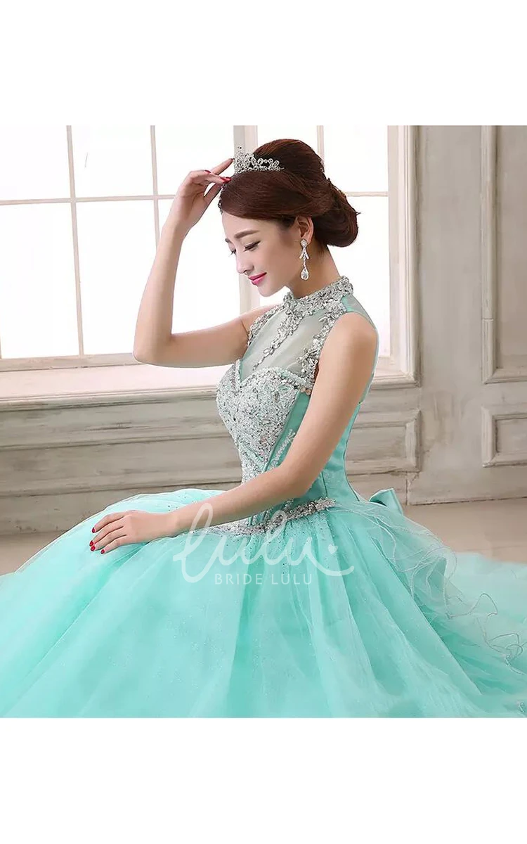 Ball Gown Organza Tulle Prom Dress with Beading and Ruffles Sleeveless and High Neck