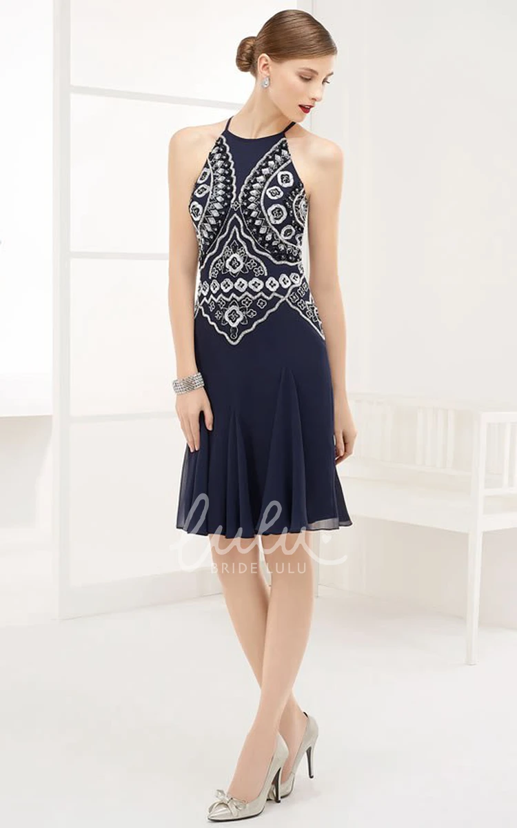 High Neck Chiffon Prom Dress with Embroidery & Keyhole Short Formal Dress