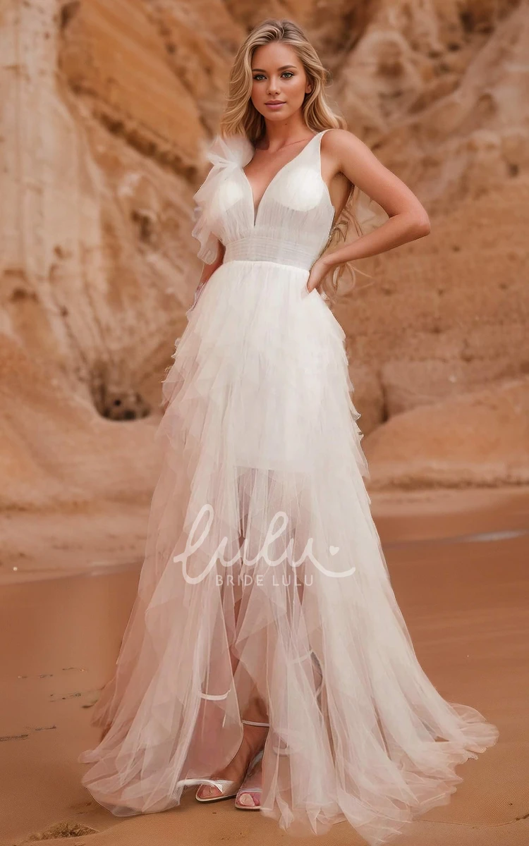 A-Line Tulle Ethereal Romantic Wedding Dress Beach Sexy Solid V-neck Floor-length Sleeveless Bridal Gown with Lace-up Back