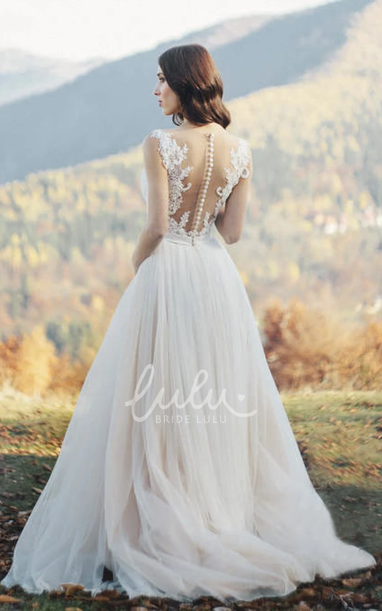 Lace Detailed Tulle Wedding Dress with Illusion Neck and Back + Elegant Bridal Gown