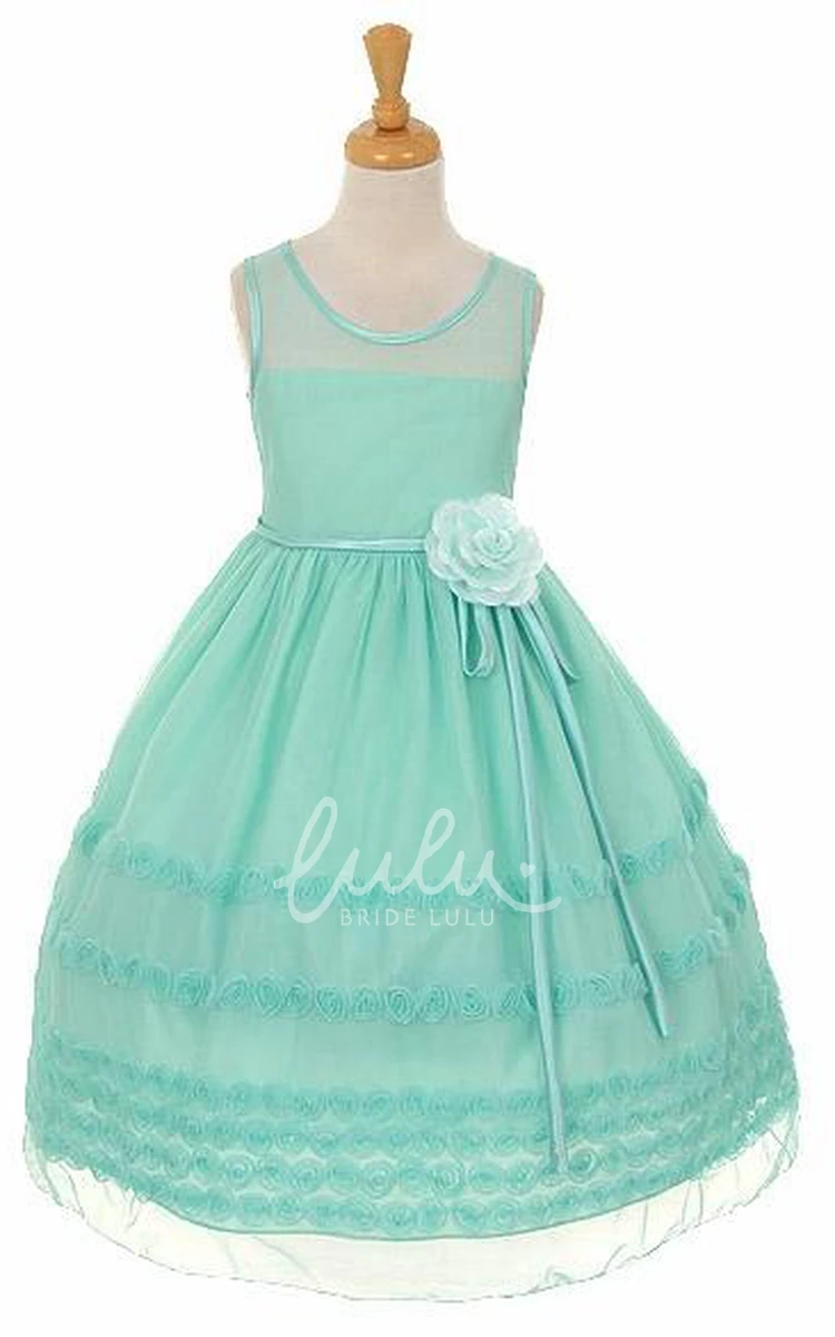 Embroidered Floral Tea-Length Flower Girl Dress with Sash