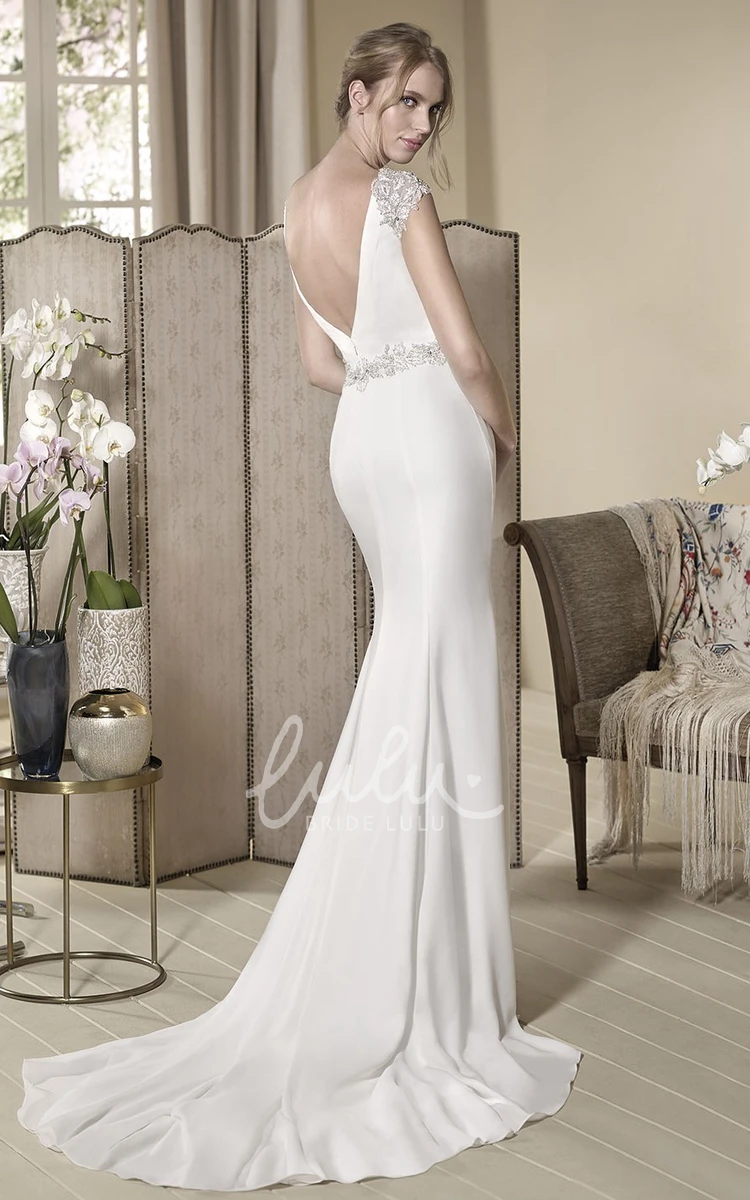 Crystal Jewel-Neck Cap-Sleeve Long Wedding Dress Sheath Style