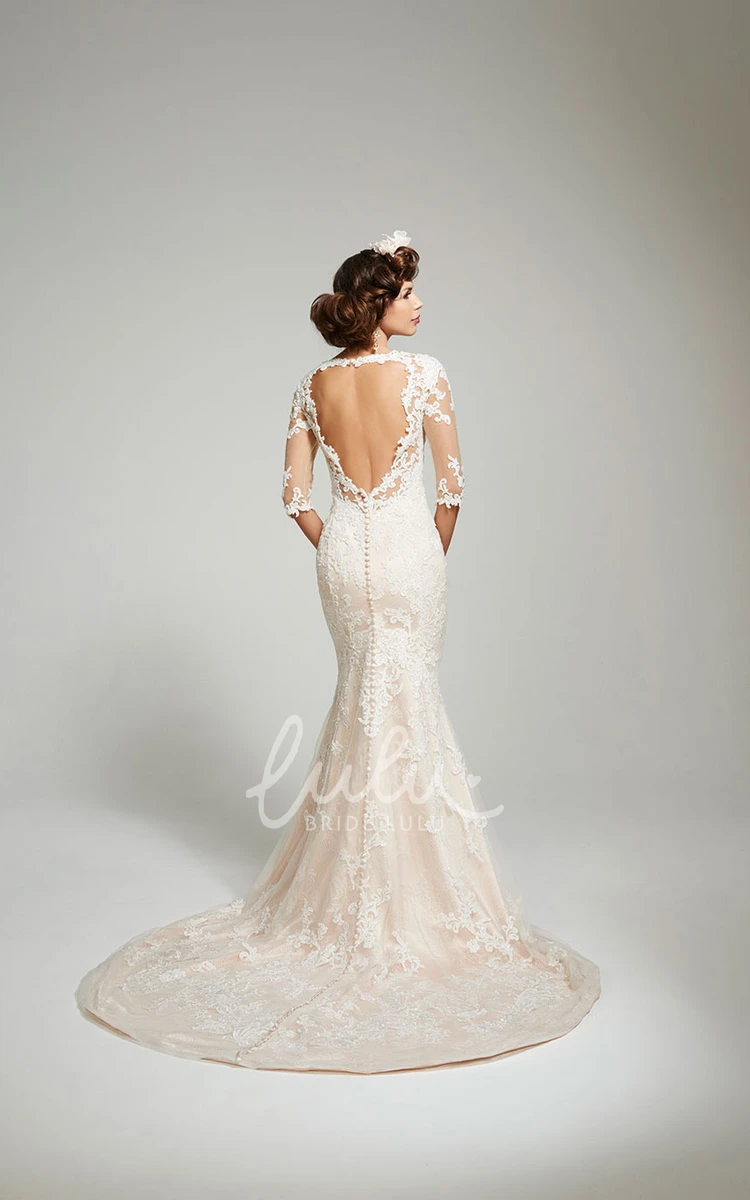Lace Appliqued Sweetheart Wedding Dress with Court Train and Keyhole Back Sheath Style