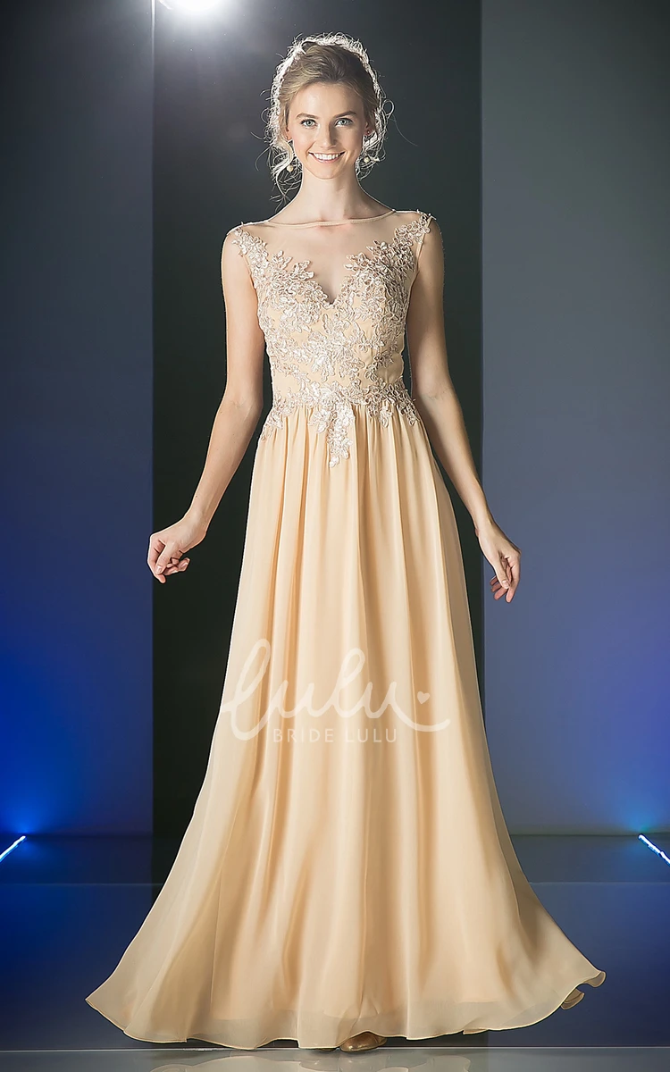 Scoop-Neck Sleeveless Sheath Dress with Appliques and Illusion in Chiffon Fabric