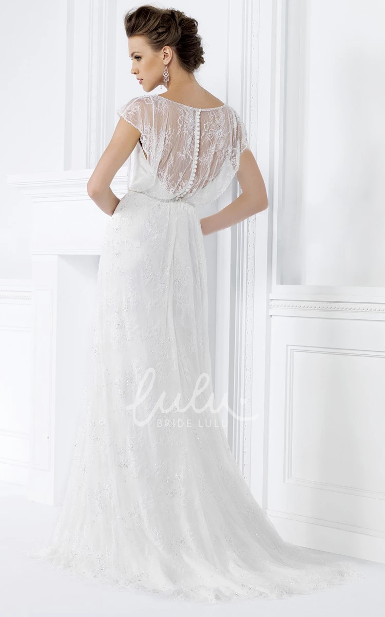 Long Illusion Gown with Cap Sleeves Beaded Waist and Bateau Neckline