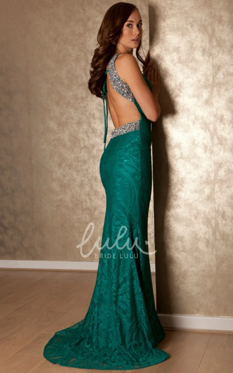 High Neck Beaded Lace Prom Dress with Brush Train Sleeveless