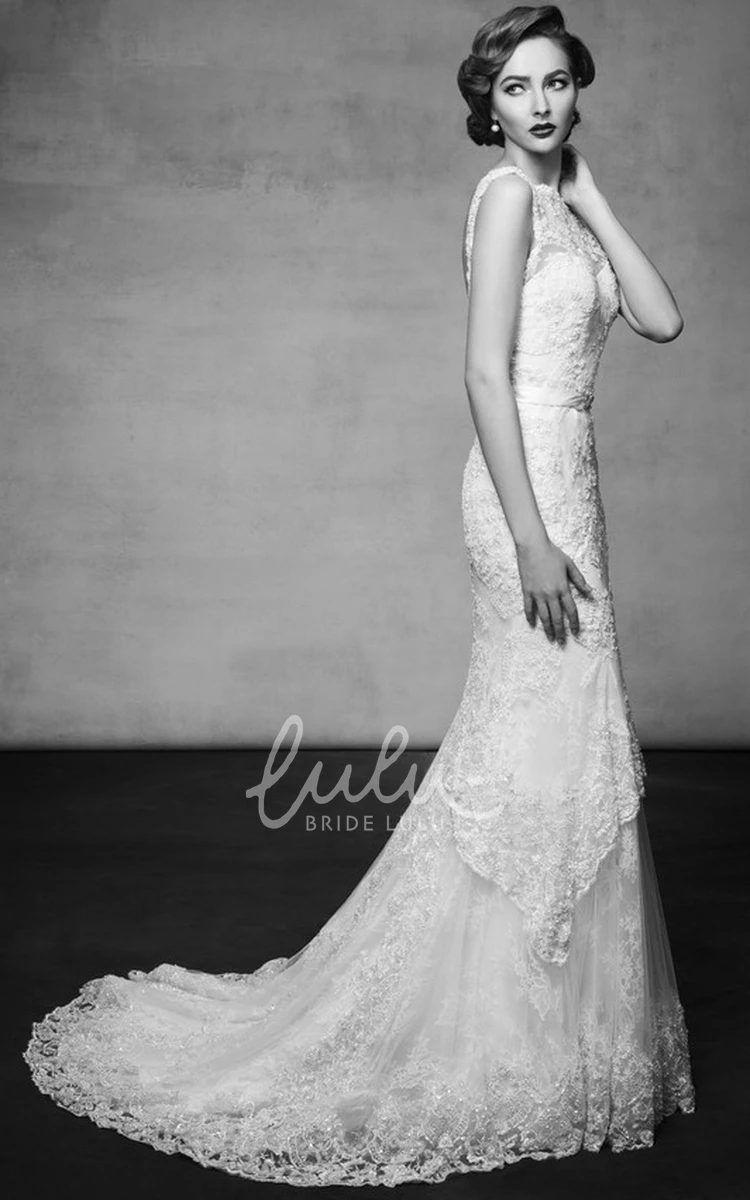 Peplum Lace Appliqued Wedding Dress Long Sleeveless Scoop Neck Bridal Gown