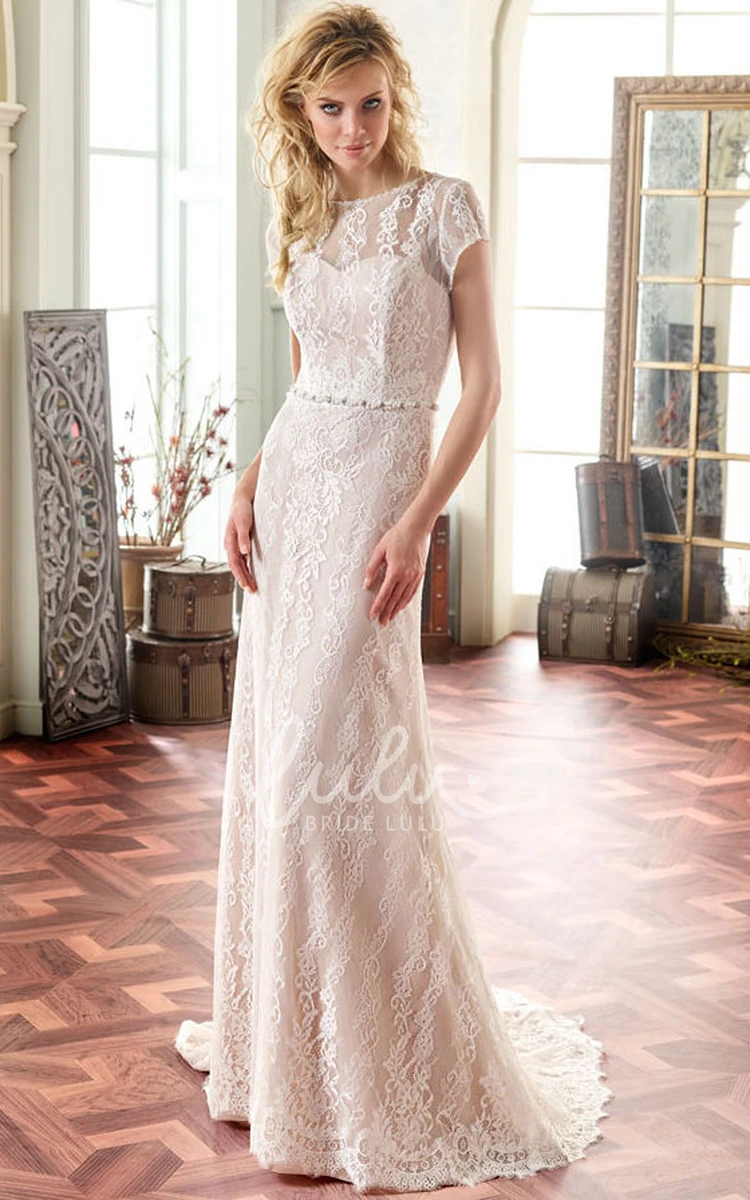 Maxi Jeweled Lace Wedding Dress with Scoop Neck and V-Back