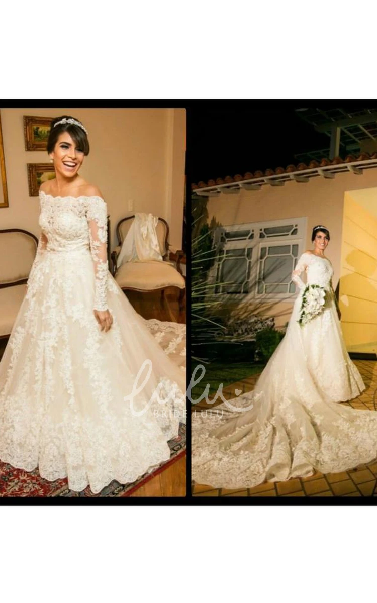 Off-the-shoulder Lace Tulle Wedding Dress Ball Gown Style