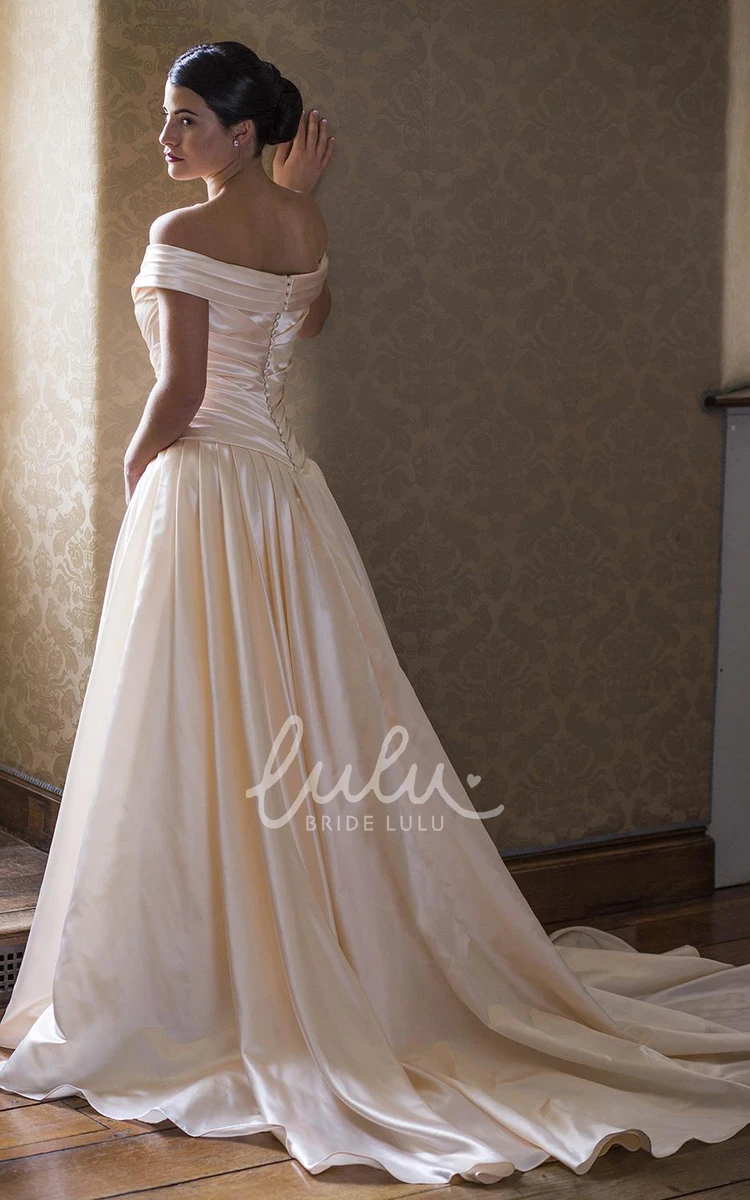 Long Satin Off-The-Shoulder Wedding Dress with Court Train and Criss Cross Classic Bridal Gown