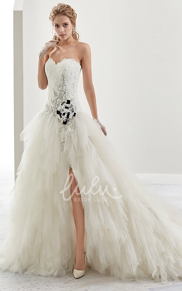 Beaded Lace Sweetheart Wedding Dress with Side Split and Ruffles