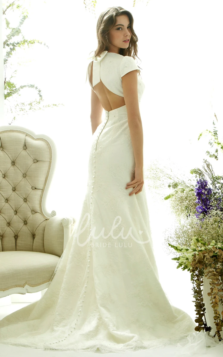 Floor-Length Lace Wedding Dress with Bowed Cap Sleeves Classic Bridal Gown