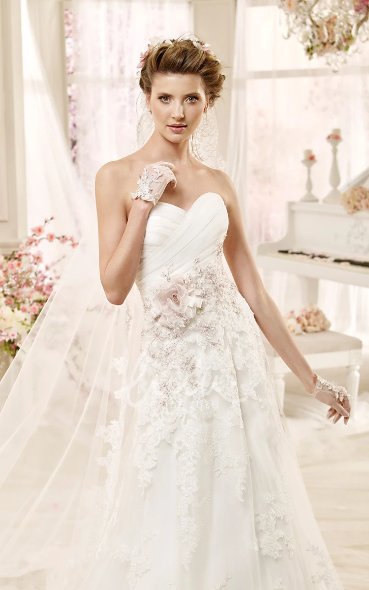 Sweetheart A-line Wedding Dress with Beaded Appliques & Pleated Bodice Unique Beaded A-line Wedding Dress