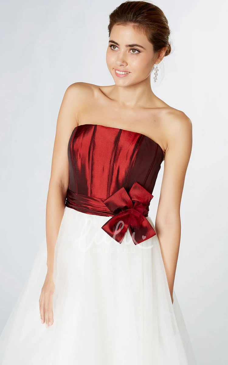 Tea-Length Strapless Ruched Tulle Bridesmaid Dress with Lace-Up Back and Floral Details