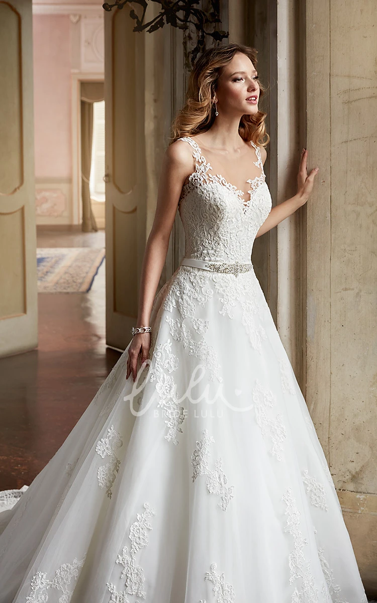 A-Line Lace Wedding Dress with Scoop-Neck Sleeveless and Waist Jewelry Chic Bridal Gown