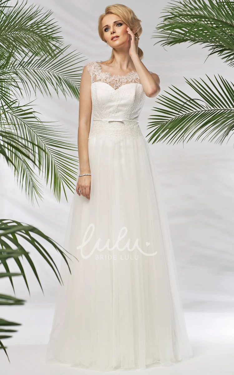 Bateau-Neck Lace Tulle&Satin Wedding Dress A-Line Sleeveless