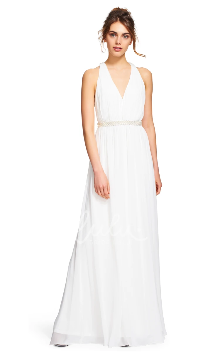 Beaded Chiffon Bridesmaid Dress V-Neck Sheath Style with Pleats and Straps