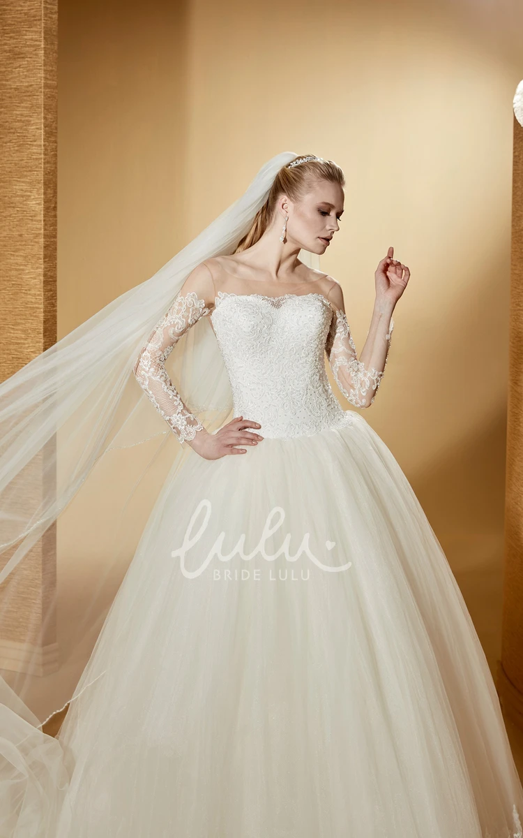 Long-Sleeve Lace Applique Bodice Ball Gown with Illusive Neckline Lovely and Classy