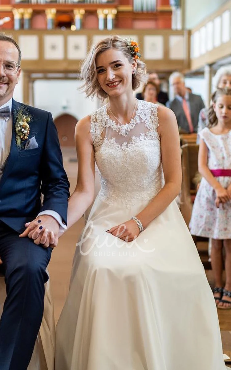Sleeveless Chiffon A-Line Jewel Wedding Dress with Brush Train Simple & Elegant