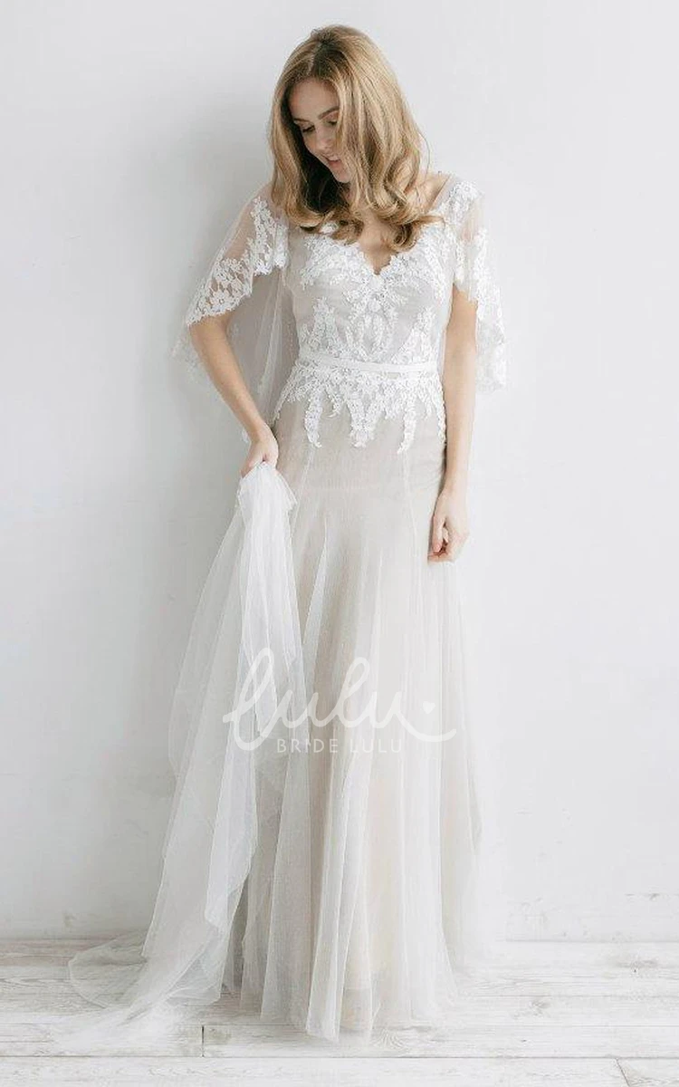 Ethereal Tulle V-Neck Wedding Dress with Bat Sleeves