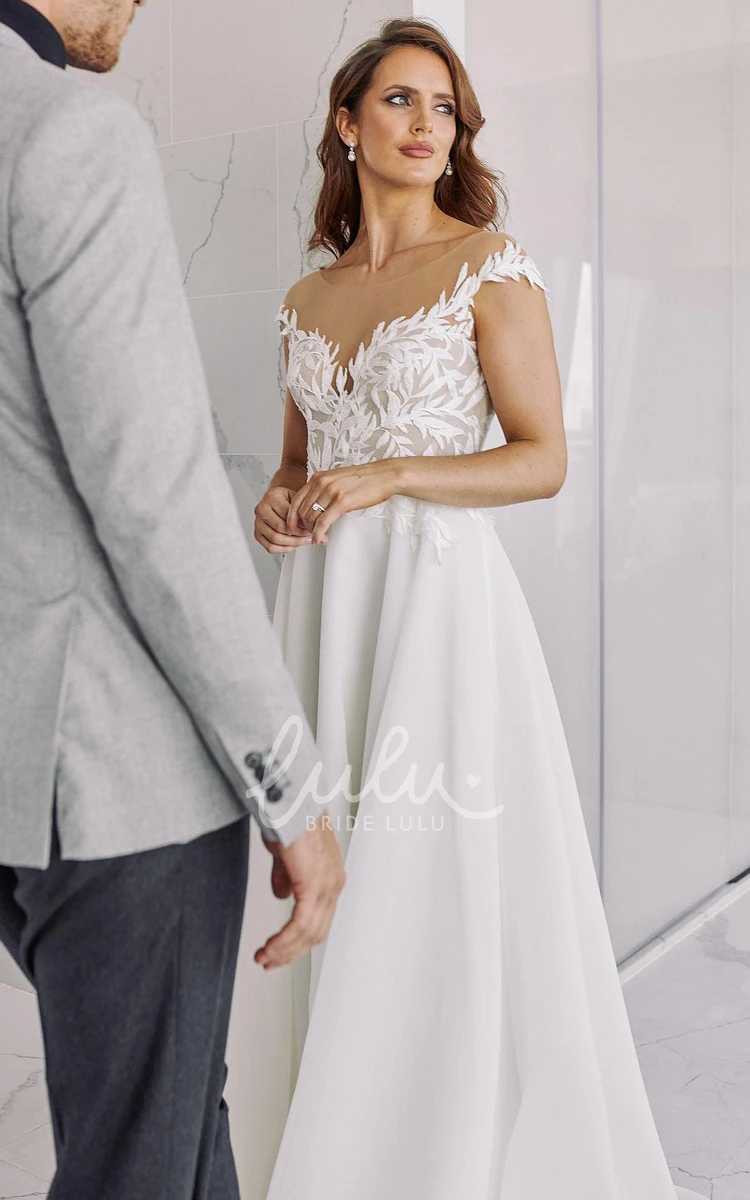 Simple Chiffon A-Line Wedding Dress Bateau Neckline Short Sleeves Adorable Bride Gown