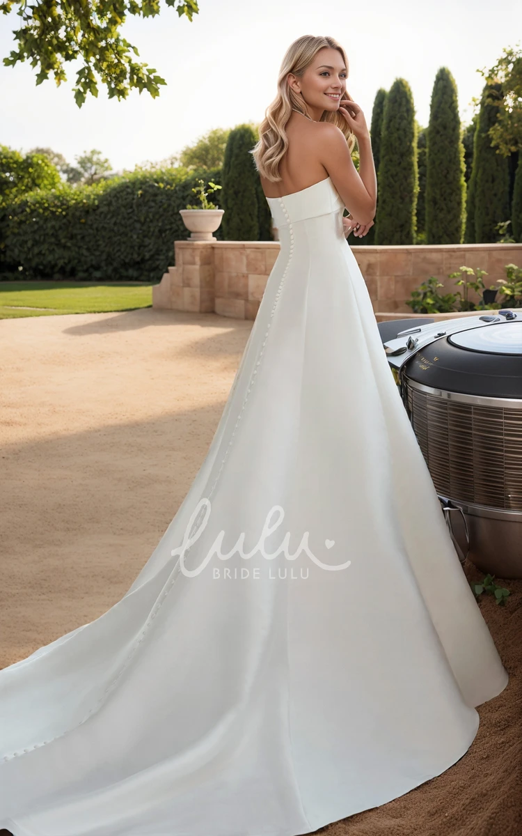 Elegant Simple A-Line Satin Strapless Neckline Beach Wedding Dress Sexy Flowy Classic Ruching Sleeveless Button Back Bridal Gown