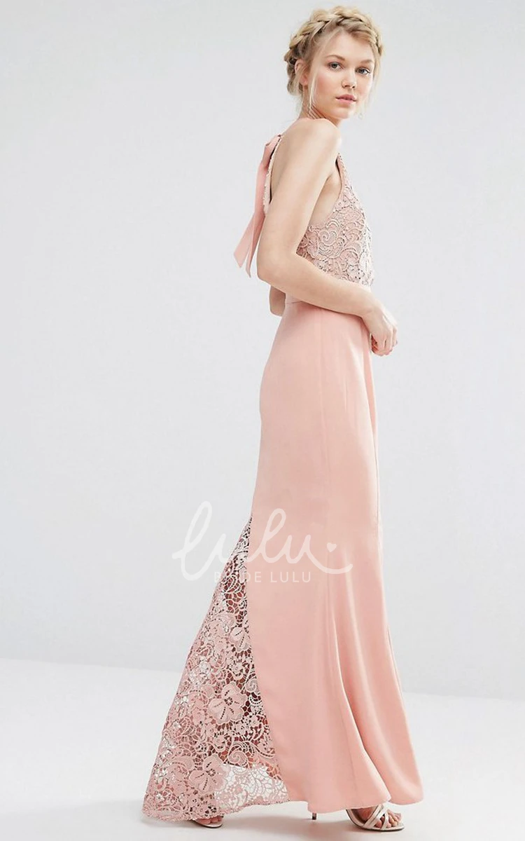 Lace High Neck Sleeveless Chiffon Bridesmaid Dress with Bow Sheath Style