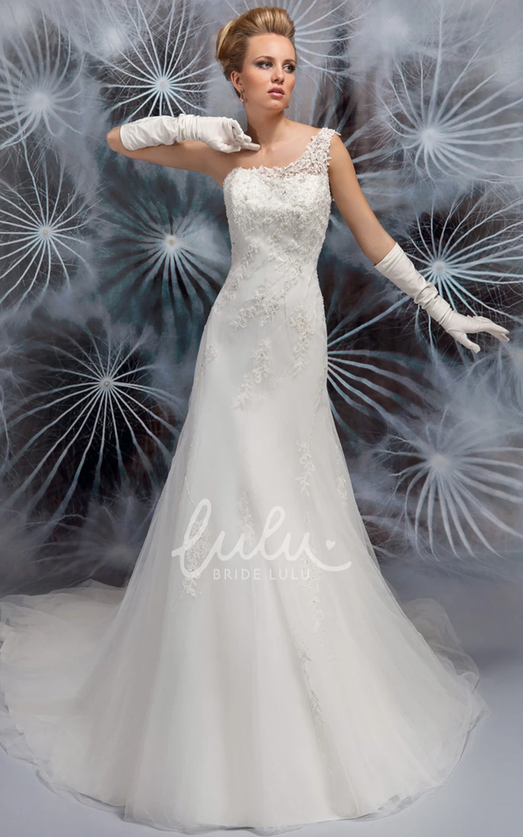 Appliqued Lace and Tulle Wedding Dress with Chapel Train A-Line One-Shoulder