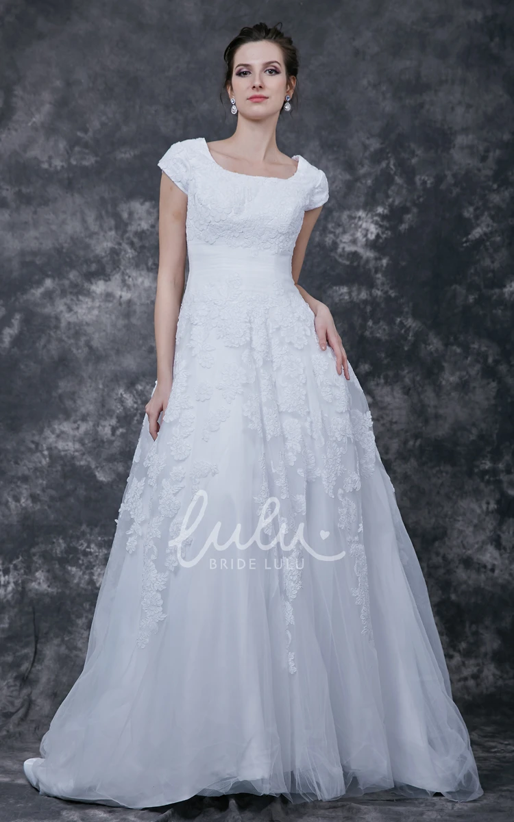 Modest Lace Cap Sleeve Wedding Dress with Court Train in Vintage Style