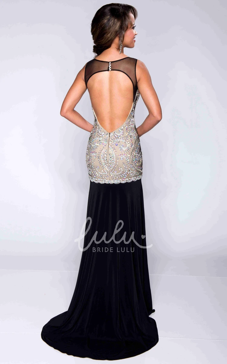 Jeweled Sheath Prom Dress Keyhole Back Beaded Bodice Jersey Material