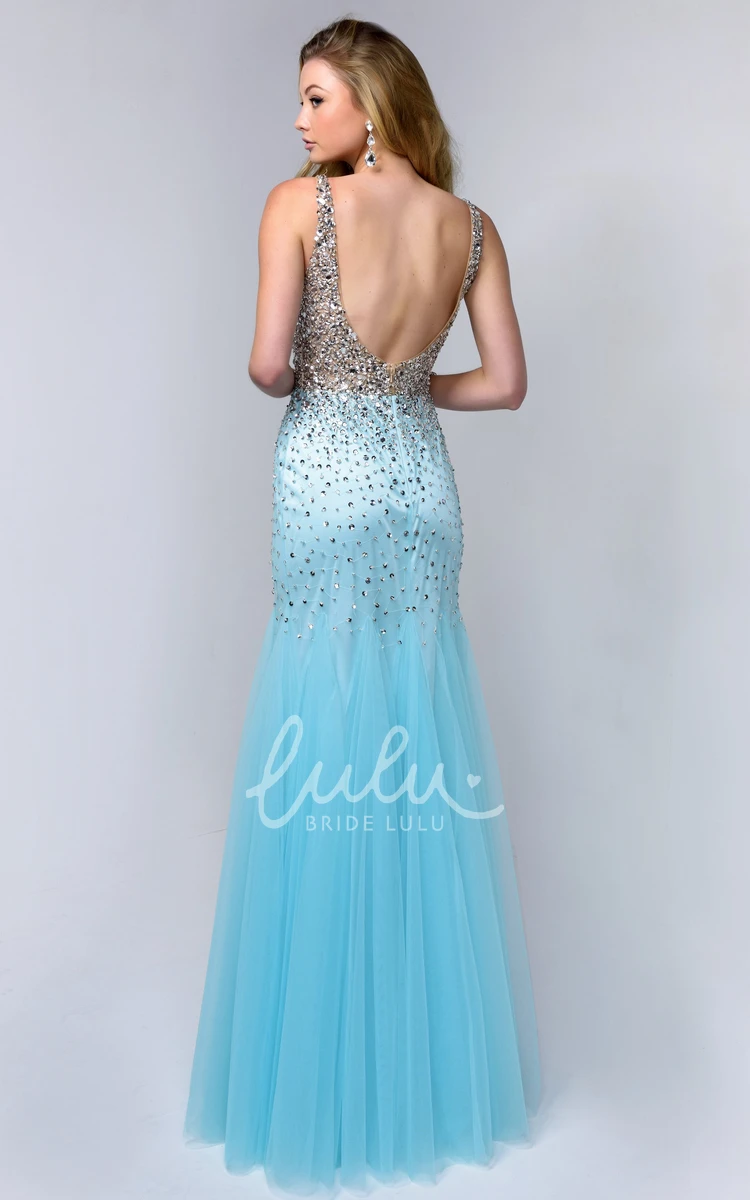 V-Neck Tulle Mermaid Prom Dress with Beading and Pleats