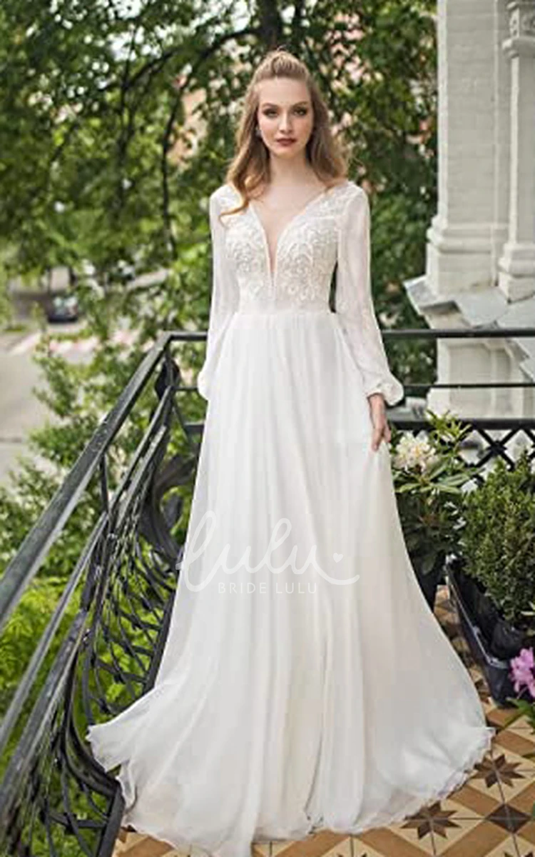 Sexy Chiffon A-Line Wedding Dress with Poet Sleeves and Bateau Neckline Casual Romantic