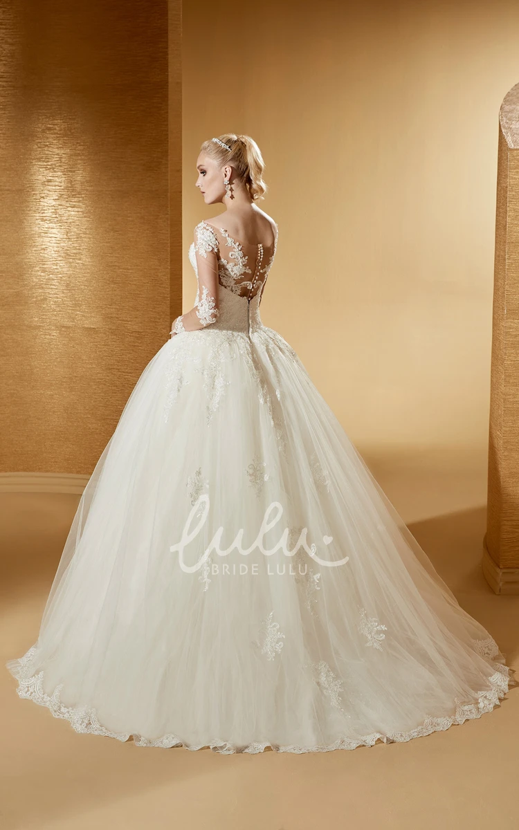 Long-Sleeve Ball Gown with Illusive Design and Lace Bodice Modern and Sophisticated