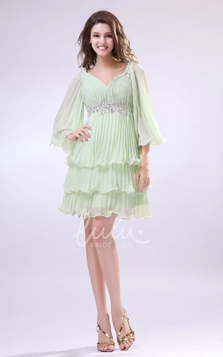 Chiffon Prom Dress with Beading and Tiers Cute Bell Sleeves and V-Neck