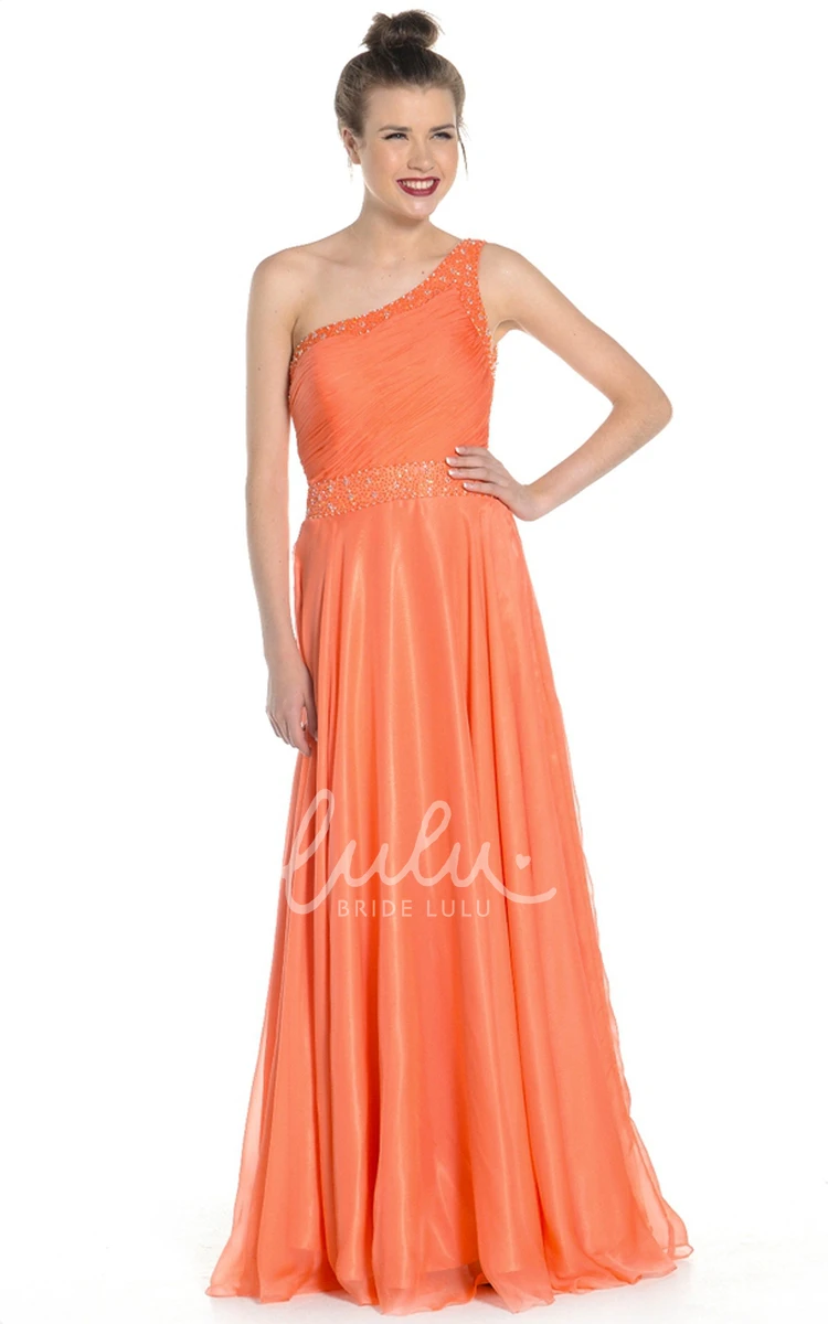 Beaded Satin&Tulle One-Shoulder Prom Dress with Jewelled Waist and Ruching