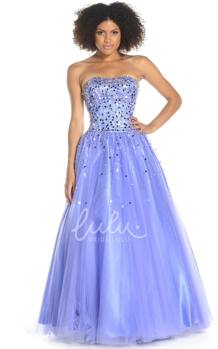 Sequined Tulle Strapless Prom Dress A-Line Maxi Style