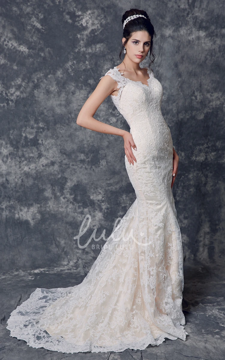 Illusion Back Mermaid Lace Wedding Dress with Cap Sleeves