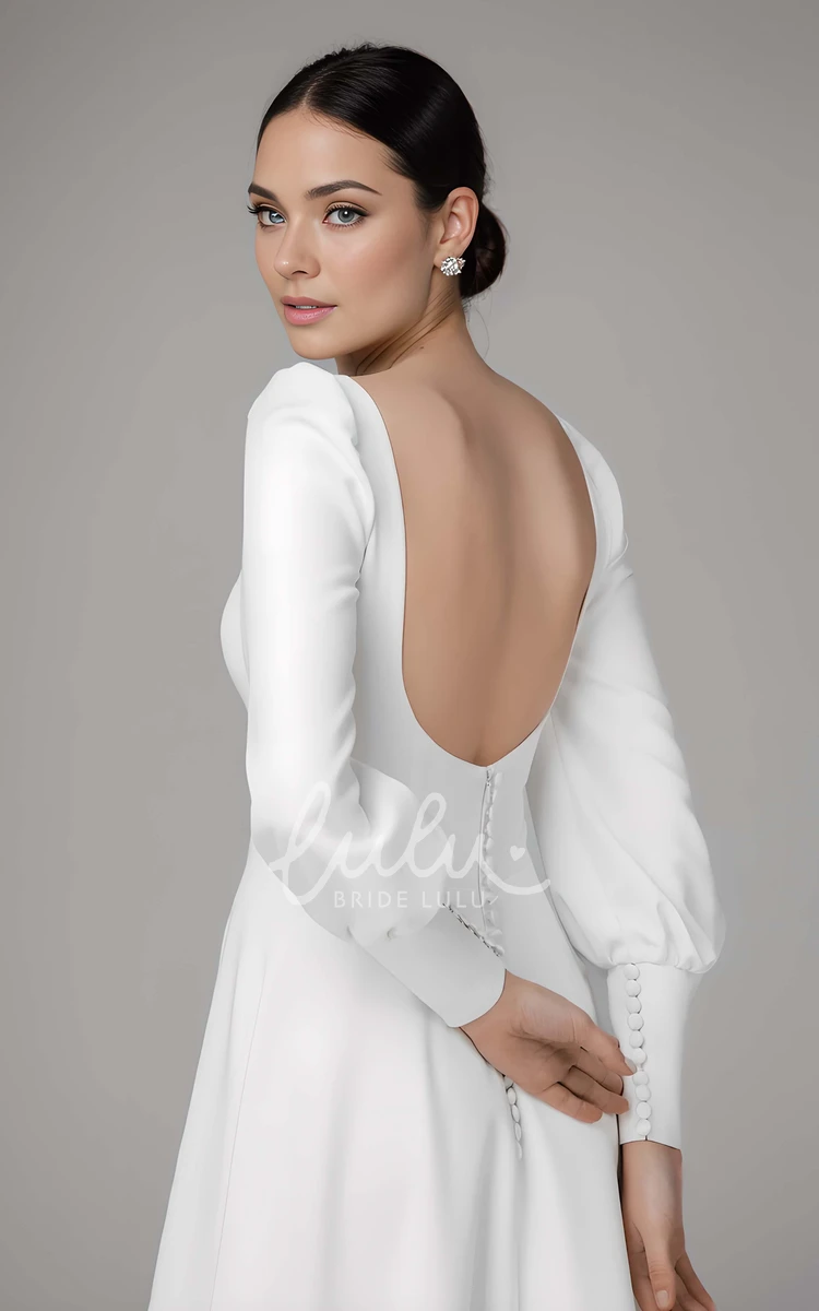 Modern Simple A-Line Puff Long Sleeve Maxi Wedding Dress Elegant Casual Square Neck Low Back Sweep Train Bridal Gown