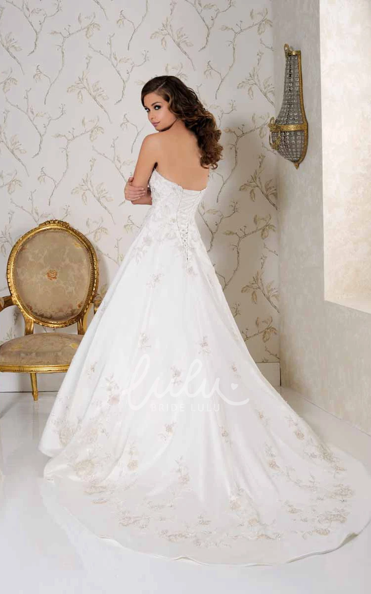 Strapless Satin Wedding Dress with Appliques and Chapel Train Elegant Bridal Gown
