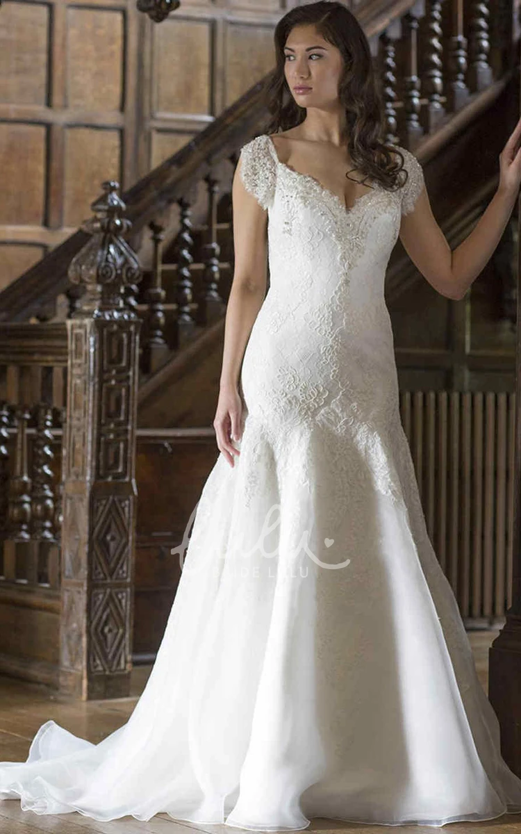 Lace Cap-Sleeve Wedding Dress V-Neck with Brush Train